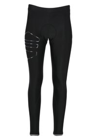 Black athletic leggings made of stretchy fabric, featuring a round padded area and three reflective stripes on the left side.