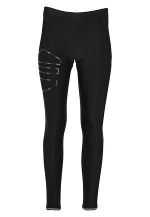 Schwarze Sportleggings aus dehnbarem Stoff, mit einem runden Polsterbereich und drei reflektierenden Streifen auf der linken Seite.