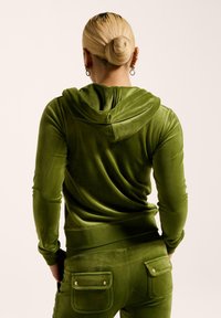 Green velvet tracksuit with a hood and fitted design. Notable details include front pockets with gold hardware accents. Soft texture.