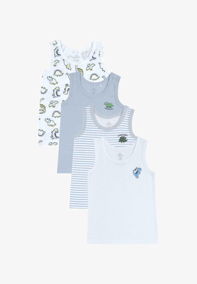 Cztery bawełniane topy na ramiączkach: biały z nadrukiem dinozaurów, jednolity szary, w paski szare oraz gładki biały. Posiadają ilustracje dinozaurów i akcenty.