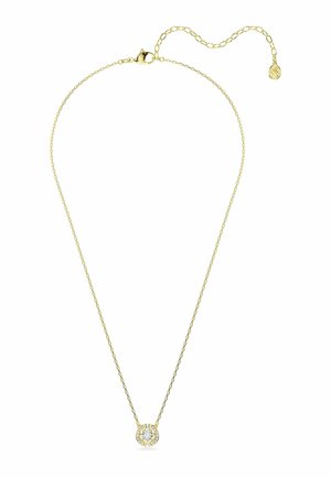 Zarte goldene Halskette mit rundem Diamantanhänger, umgeben von kleineren Diamanten und einem verstellbaren Verschlussverlängerung.