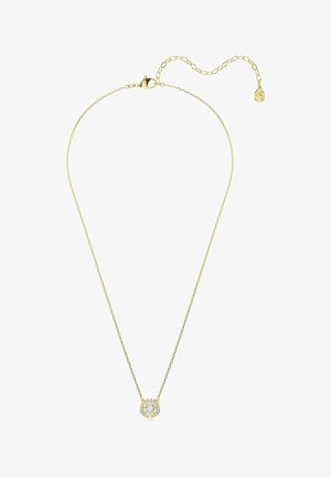 Collier délicat en chaîne d’or avec un pendentif rond en diamant entouré de diamants plus petits et une extension de fermoir réglable.