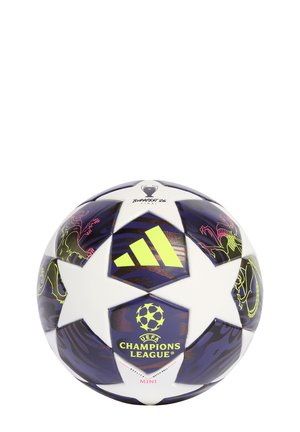 Weißer und lila Mini-Fußball der UEFA Champions League mit Sternen, gelbem Adidas-Logo und dem Text "Budapest 26 Final".