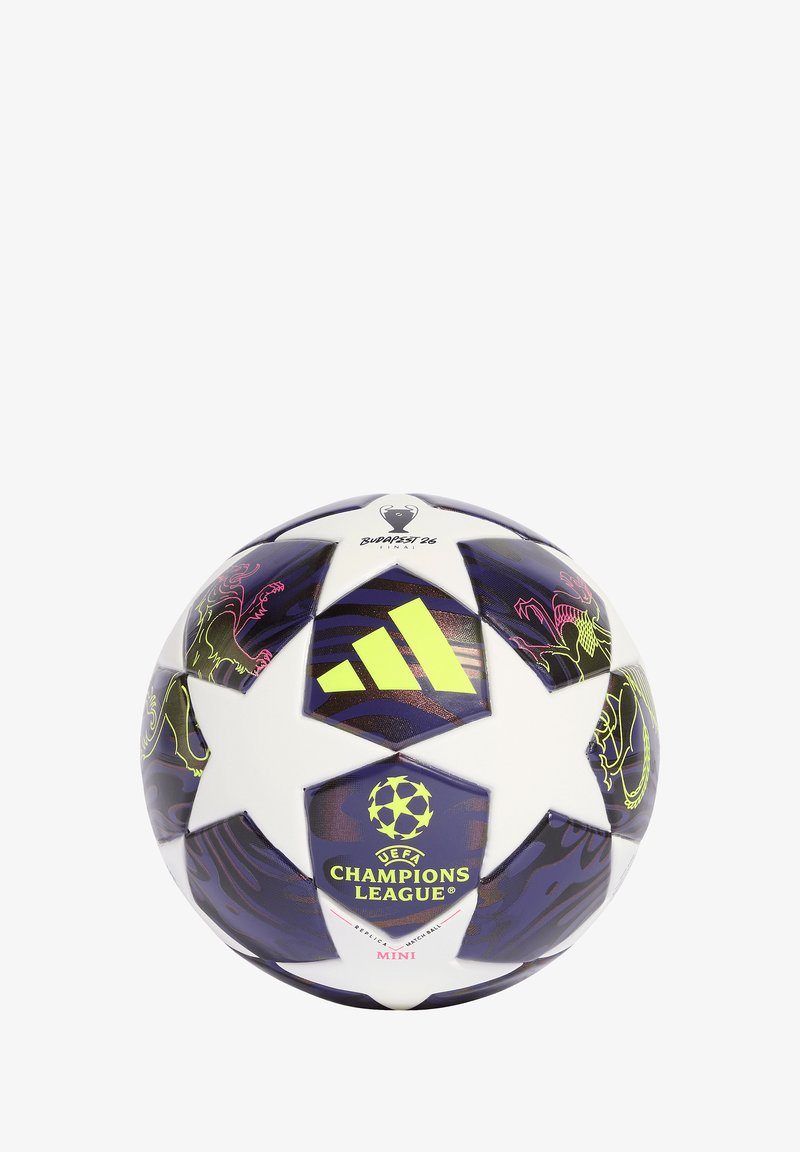 Mini ballon de football UEFA Champions League blanc et violet avec des étoiles, logo Adidas jaune, et texte Budapest 26 Final.