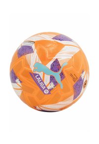 Narančasta nogometna lopta s teksturiranom površinom, koja sadrži bijele, ljubičaste i crne geometrijske uzorke te plavi Puma logo, označena 'LaLiga'.