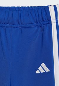 Blaue Sportshorts aus glattem Stoff, mit einem elastischen Bund, weißen Seitenstreifen und einem silbernen Logo am unteren Bein.