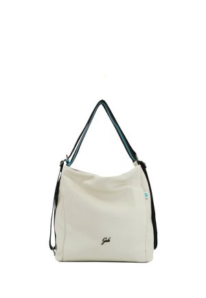 Borsa in pelle bianca con tracolle nere e blu e un piccolo logo nero "Gabs" al centro frontale.