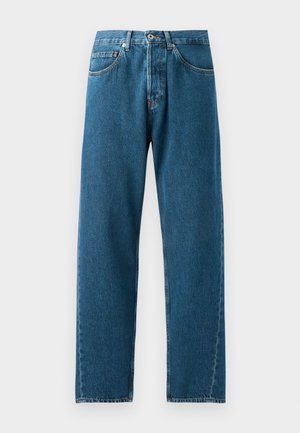 Blue denim jeans with a straight-leg design, five pockets, and belt loops. The fabric has a subtle texture and faded areas at the pockets.