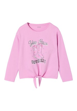 Pink long-sleeve shirt with front tie, featuring glittery text "Yee Haw Cowgirls!" and illustration of decorated cowboy boots.