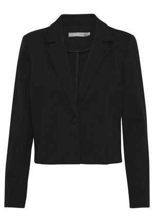 Sort cropped blazer med en enkelt knaplukning, klapkrave og lange, tætsiddende ærmer lavet af et glat stof.