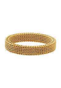 Bracciale in rete dorata con un design intrecciato e testurizzato. Forma rotonda e costruzione flessibile. La superficie riflette la luce, migliorando il suo aspetto.