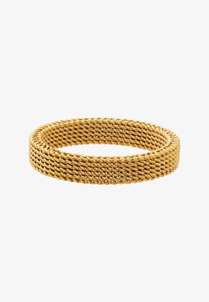 Gouden mesh armband met een textuur en gevlochten ontwerp. Ronde vorm en flexibele constructie. Het oppervlak weerkaatst licht en versterkt zo de uitstraling.