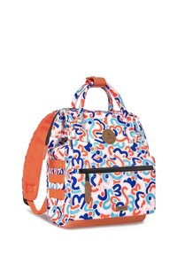 Colorful patterned backpack featuring swirls of blue, red, and orange. Made of durable fabric with a front zip pocket and padded straps.