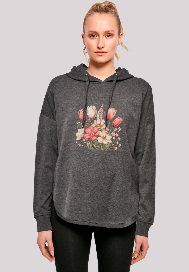 Dark gray hoodie with a floral graphic in pastel colors. Features a drawstring hood and relaxed fit, made from soft fabric.