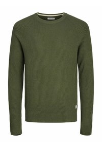 Zelený žebrovaný pletený svetr s dlouhými rukávy, kulatým výstřihem a texturovanou tkaninou. Obsahuje malou značkovou etiketu na dolní straně.