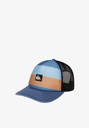 Gorra de béisbol a rayas azules y beige con parte trasera de malla negra y un pequeño parche con el logo de Quiksilver en el panel frontal.