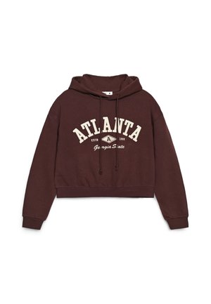 Bordowa krótka bluza z kapturem z przednią kieszenią kangurka, sznurkami oraz białym tekstem i logo "ATLANTA Georgia State" na piersi.