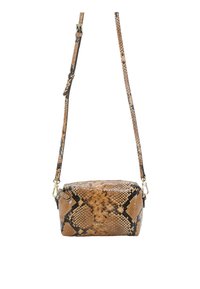 Brown snakeskin crossbody bag with a zip closure, black accents, adjustable strap, and gold-tone hardware. Textured surface with a geometric pattern.