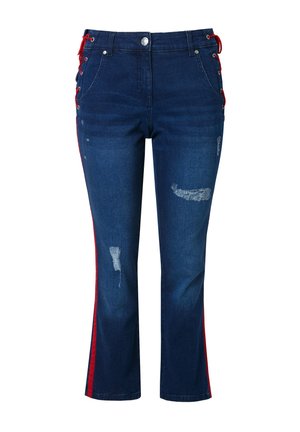 Donkerblauwe denim jeans met een hoge taille, rode zijstrepen, vetersluiting aan de zijkanten, versleten stukken en een rechte pijp.