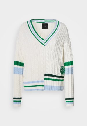 Cardigan alb tricotat cu model în relief, cu decolteu adânc în V, având accente cu dungi verzi și albastre și un patch rotund cu logo verde pe partea din față.