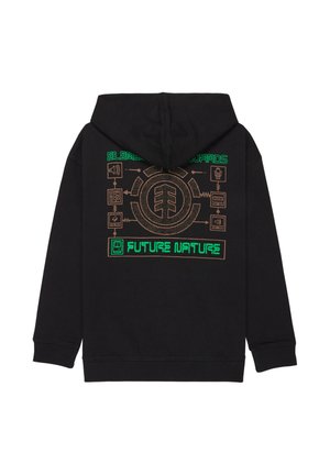 Felpa nera con cappuccio con un motivo grafico verde e rame, forme astratte e testo sul retro. Tessuto morbido, vestibilità classica e cappuccio.