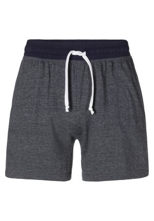 Graue Sportshorts aus weichem Material, mit einem marinen Bund, weißem Kordelzug und Seitentaschen. Leicht und lässig im Design.