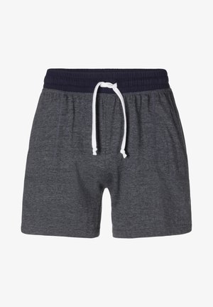 Graue Sportshorts aus weichem Material, mit einem marinen Bund, weißem Kordelzug und Seitentaschen. Leicht und lässig im Design.