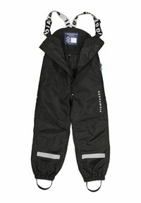 Svarta vattentåliga overaller med justerbara axelremmar, reflexstriper och elastiska ärmslut. Utrustad med dragkedja och slitstarkt material.