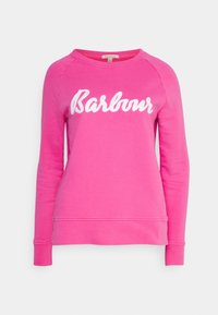 Sweatshirt rose avec un col rond et de longues manches raglan. Présente un logo en script blanc "Barbour" sur le devant. Matière en mélange de coton.