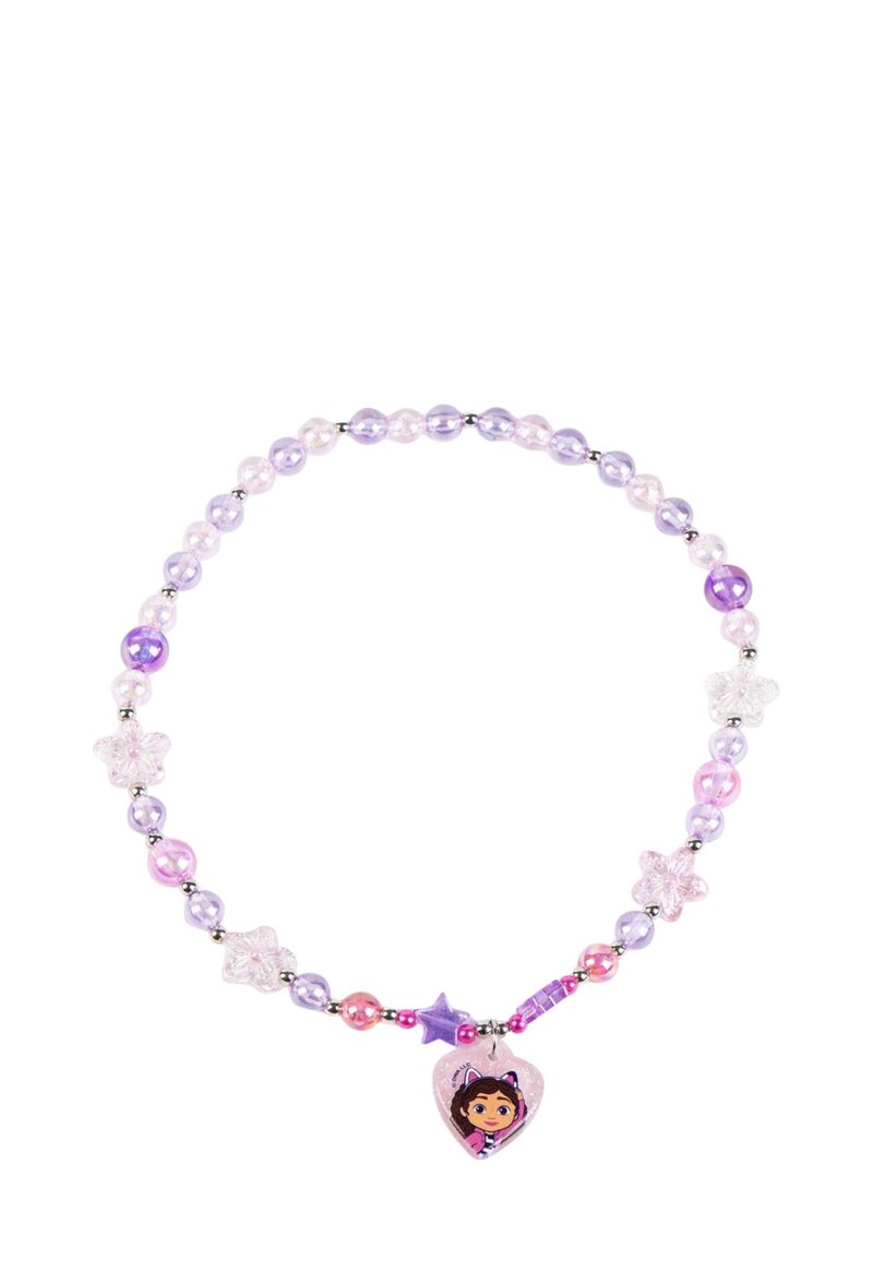 Kralenketting met paarse en roze ronde parels, duidelijke stervormige kraaltjes en een hart hanger met een karakterillustratie.