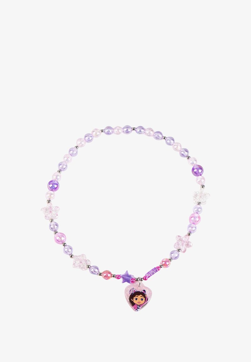 Kralenketting met paarse en roze ronde parels, duidelijke stervormige kraaltjes en een hart hanger met een karakterillustratie.