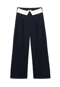 Pantalones de pierna ancha en color navy con un cuello blanco, pliegues en la cintura y una cinturilla elástica para un ajuste relajado. Textura suave, diseño minimalista.