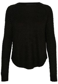 Maglione nero lavorato a maglia con un motivo testurizzato, scollatura rotonda, maniche lunghe e orlo leggermente abbassato in vita.