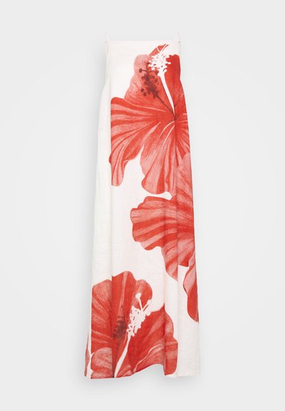 Red floral-patterned long dress made of lightweight fabric. Features large hibiscus designs on a white background and adjustable straps.