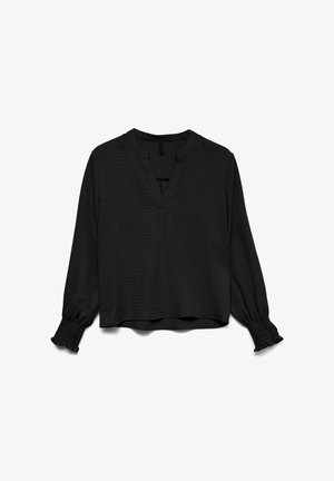 Blouse noire à manches longues avec un tissu texturé, décolleté en V et manches à volants froncés, posée à plat sur un fond blanc.