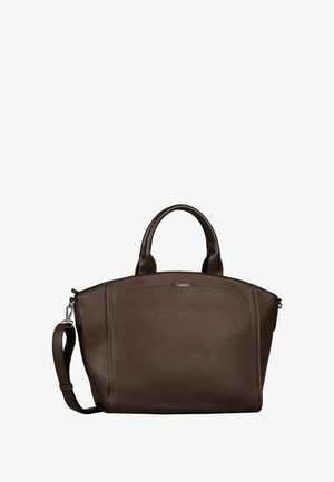 Sac à main en cuir brun texturé avec deux poignées courtes, une bandoulière amovible et un logo de marque discret au centre à l'avant.