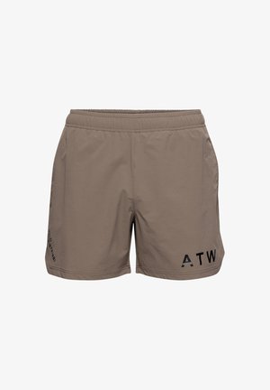 Heren shorts in gedempt taupe, gemaakt van lichtgewicht stof, met een elastische tailleband en een zwart gedrukt logo. Glad textuur, knielange ontwerp.