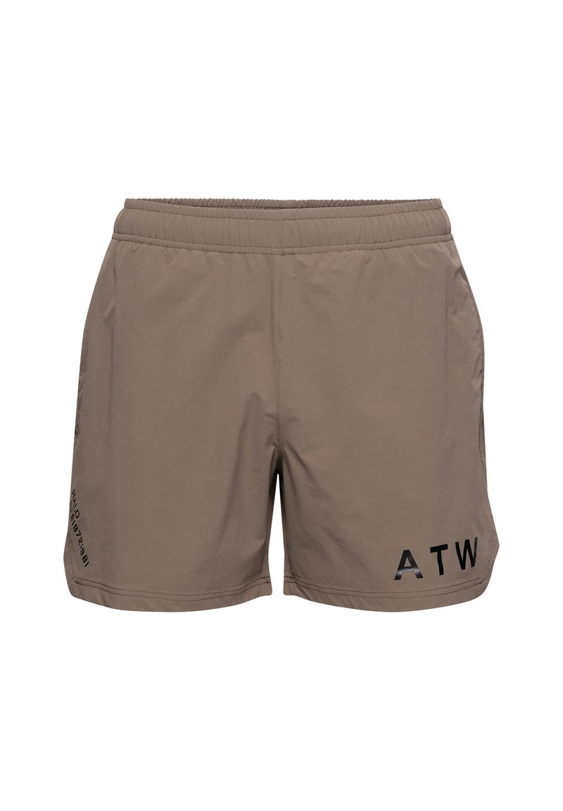 Herrshorts i dämpad taupe, tillverkade av lättviktig tyg, med elastisk midja och svart tryckt logotyp. Snygg yta, knälång design.