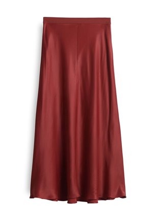 Midi skirt in burgundy satin fabric, featuring a smooth texture, elastic waistband, and a flowing silhouette that flares gently at the hem.