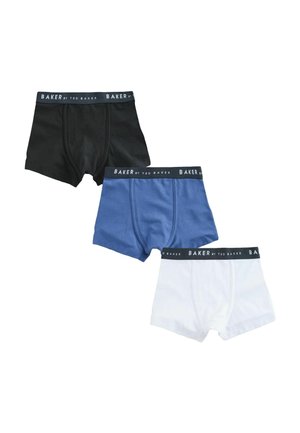 Tre paia di boxer da uomo in nero, blu e bianco con marchio "BAKER by Ted Baker" in vita.
