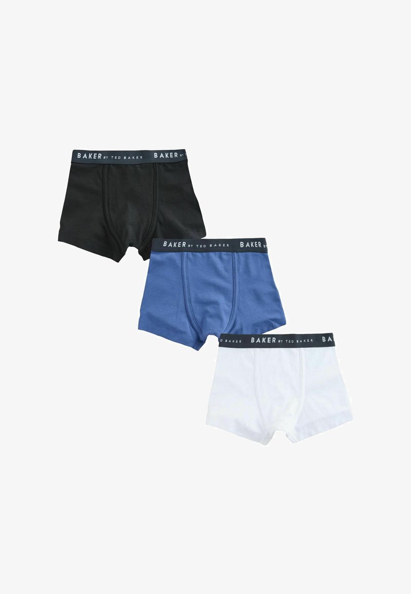 Trois paires de boxers pour hommes en noir, bleu et blanc avec le logo « BAKER by Ted Baker » sur la ceinture.
