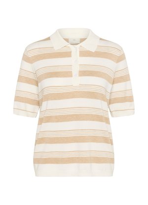 Beige and cream striped polo shirt, short sleeves, collar, three-button placket, knitted texture, with evenly spaced horizontal lines.