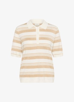 Beige és krém csíkos pólóing, rövid ujjak, gallér, három gombos záródás, kötött textúra, egyenletesen elhelyezkedő vízszintes csíkokkal.