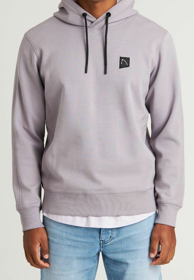 Light purple hoodie with a front pocket, black drawstrings, and a square brand logo on the chest. Soft texture, ribbed cuffs and hem.