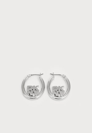 Silver hoop earrings featuring the initials "DKNY" in bold letters, with a polished metal finish and a secure hinge closure.
