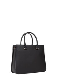 Borsa tote in pelle sintetica nera con due manici diritti, dettagli in metallo dorato, una texture liscia e una forma rettangolare strutturata.