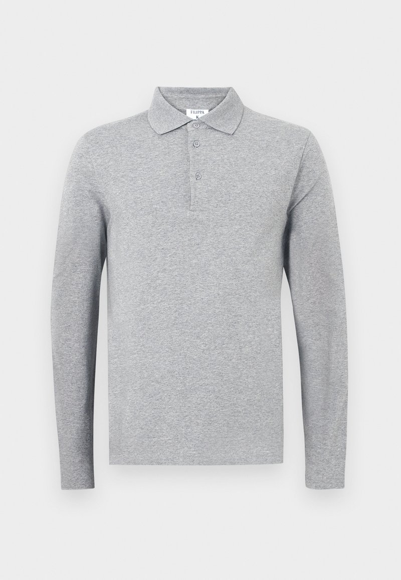 Polo shirt grigio a maniche lunghe in misto cotone, con colletto classico, patta con tre bottoni e una leggera texture in tutto il capo.