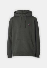 Felpa con cappuccio di colore verde scuro, con tasca a marsupio frontale, cappuccio con lacci e piccolo logo Tommy Jeans sul lato sinistro del petto.
