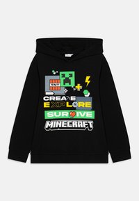 Black hooded sweatshirt featuring colorful Minecraft-themed graphics, including the words "Create," "Explore," "Survive," and various game icons.