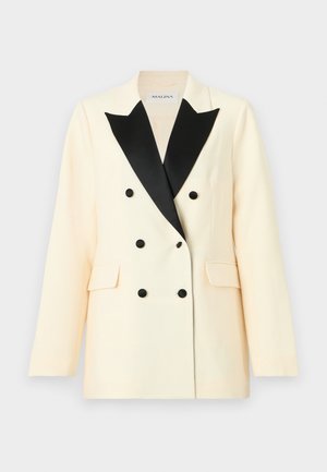 Dvouřadový blejzr z krémové tkaniny s černými sametovými klopami, vybavený černými knoflíky a dvěma předními kapsami. Přiléhavý střih se strukturovanými rameny.